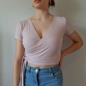 Garage Light Pink Ribbed Cropped Wrap Top